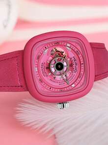 A Ladies' Rose Pink Leather Strap Square Hollow Pointer Type Tourbillon Fully Automatic Mechanical Wrist Watch With A Unique Personalized - one-size - View 2