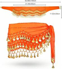 Chiffon Belly Dance Hip Scarf With 128 Coins For Yoga Class - Orange - View 8