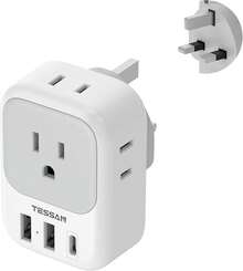 Adaptador Europeo Viaje, Universal Europa Enchufe de Corriente con 3 USB (1 USB C), Cargador Tipo C con 4 Salidas CA, Travel Essentials Adapter Americano\/México a Europa para Italia, España - Gris - Ver 13