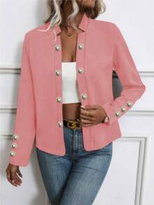 Chaqueta delgada con botones de manga larga de unicolor para mujer para primavera/otoño - Rosa - Ver 2