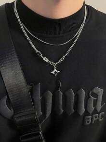 1 件双层星星颈链，男女款毛衣链，波西米亚风格，情侣礼物，派对，旅行纪念品，生日礼物，男士珠宝 - 銀色 - 查看 7