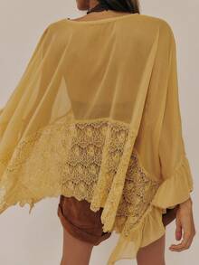 Women's Y2K Lace Poncho Top V Neck Batwing Sleeve Sheer Top See Through Ruffle Flowy Chiffon Blouse Loose Going Out Shirt Beach Party Streetwear - Màu vàng - Xem 3