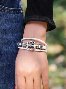 1pc Personalized Leather Woven Anchor Bracelet For Men - White - View 3