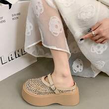 Silver Thick Sole Diamond Pattern Slippers, Non-Slip Texture Design, Summer Outdoor Style Party Punk Buckle - Apricot - View 1
