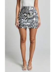 Beauace Sequined Metallic Mini Skirt, High Waist Bodycon Style,Party Evening Wear - Silver - View 3