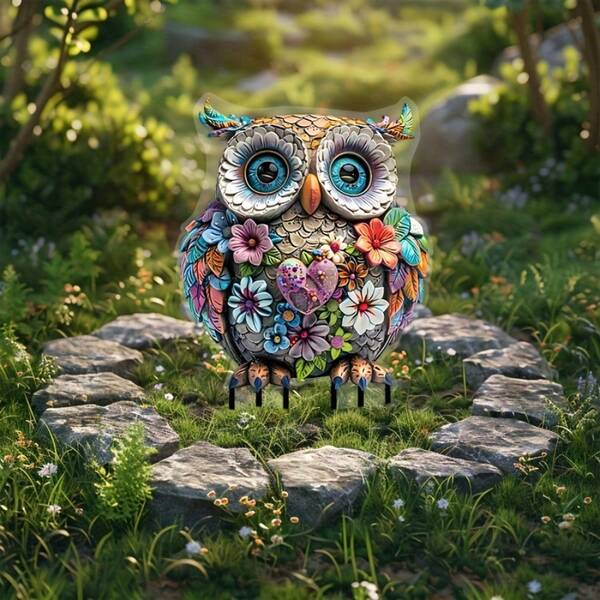 梦幻波西米亚风格亚克力猫头鹰花园桩，7.87 英寸 X 5.5 英寸 - 防风雨户外盆栽和花园装饰，异想天开的庭院艺术