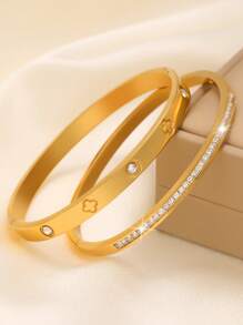 2pcs Luxury Sparkling Four-Leaf Clover Zirconia Stainless Steel Bracelet For Women, Suitable For Multiple Occasions