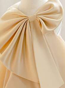 Young Girl Khaki Bow Decor Tulle Christmas Party Elegant Dress, Princess Dress, Girls Birthday Party Gift, Flower Girl Wedding Dress, Holiday Celebration