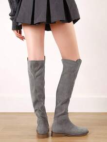 Thigh High Over The Knee Boots For Women Flat Low Heel Fall Winter Stretch Suede Long Round Toe Boots-2025 - Xám - Xem 5