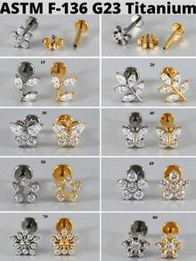 1 件 G23 钛金 CZ 花朵/蝴蝶唇钉内螺纹 CZ 雪花耳轮耳屏软骨耳轮耳环身体穿孔首饰 - 如圖 - 查看 2