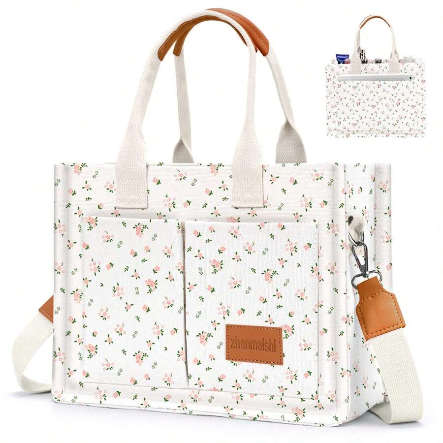 Canvas Tote Bag For Women With Pockets Crossbody Bag Tote Shoulder Handbags Casual Work Bags Everything Tote Bag - 小粉花 - 查看 1