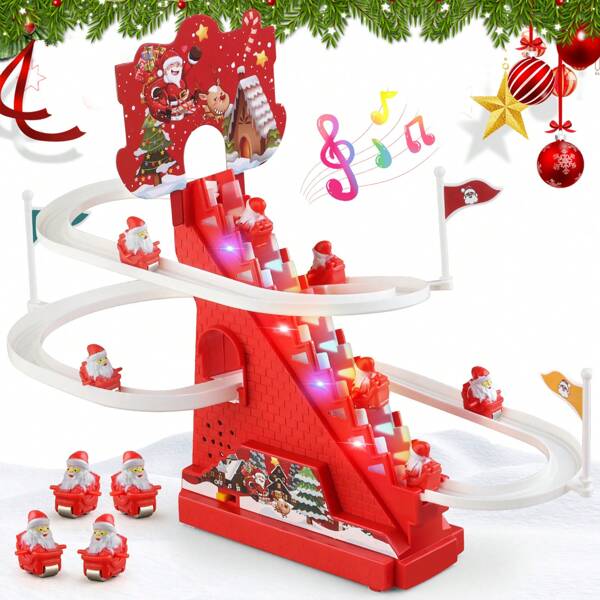 New Year's Christmas Gift, Small Santa Claus Climbing Toy, Electric Climbing Staircase Track Slide Toy Set, Duck Roller Coaster Toy With Flash And Music On/Off Button, Sound Can Be Turned Off