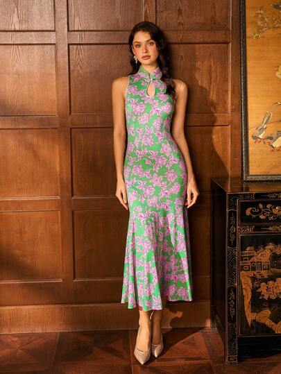 ​Women's New Chinese Cheongsam: Mandarin Collar, Hollow-Out Detail, Sleeveless Floral Print Gown With Ruffled Hem For Luxury Formal Occasions​ Perfect For Black-Tie Galas, Executive Receptions, Wedding Banquets, Cultural Award Ceremonies, And Philanthropic Galas.