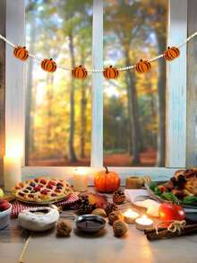 2 件 7.5 英尺南瓜木制万圣节横幅，秋季毡南瓜花环，预组装秋收南瓜花环横幅，适用于秋季感恩节派对、万圣节、卧室、鬼屋、壁炉墙、室内、室外、生日、家居悬挂装饰