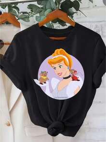 Cartoon Image Short Sleeve Round Neck T-Shirt, Casual And Fashionable Short Sleeve T-Shirt, Micro Elastic, Opaque, Easy Care Material, Perfect For Everyday Wear, Ladies T-Shirt - 黑色 - 查看 1