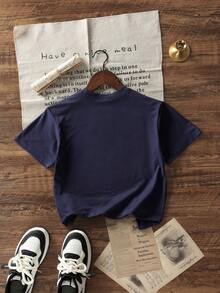 Camiseta con estampado para niño preadolescente, casual de manga corta con cuello redondo, color azul oscuro, parte superior de verano