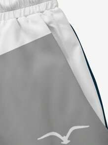 Men's Summer Printed Pattern Drawstring Waist Slant Pocket Hawaiian Quick-Dry Double-Layer Mesh Lined Shorts, Seagull Contrast Color 3D Artistic Print, Fashionable Casual Beach Resort Swim Trunks