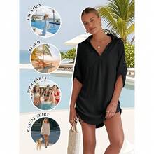 Local Delivery Women's Summer Swimwear Drawstring Beach Bikini Dress Shirt Swimsuit Cover - Up Bathing Suit Coverup - 黑色 - 查看 6