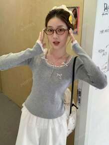 Women's Semi-Open Collar Bow Lace Splicing Knit Sweater, Slim Fit Long Sleeve T-Shirt Top
