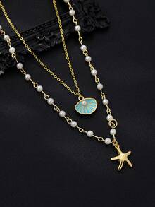 1件双层珍珠、海星和贝壳吊坠项链，设计优雅，适合女性，沙滩派对礼物 - 白色 - 查看 3