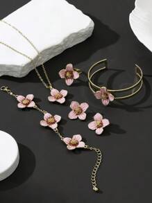 1 conjunto romântico de colar com pingente de flor de quatro folhas pintadas em rosa suave, 1 par de brincos, 1 anel, 1 pulseira, 1 bracelete - conjunto de joias femininas