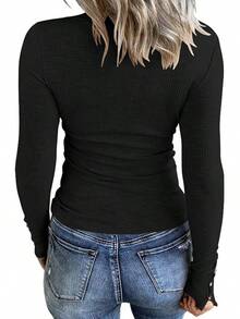 Women's Long Sleeve Henley Shirts Button Down Tops Scoop Neck Ribbed Knit Shirts - màu đen - Xem 2