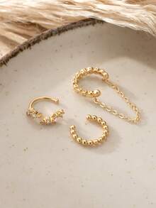 Bộ 3 khuyên tai kẹp chuỗi đính đá Cubic Zirconia sáng bóng, khuyên tai xếp chồng nhiều lớp thích hợp cho phụ nữ đeo hàng ngày, hẹn hò, dự tiệc - Vàng - Xem 5