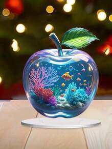 1 Pieza Decoración de sobremesa de acrílico en forma de manzana con ilustración 2D, diseño de impresión pintado de manera creativa, transparente, multiusos para decoración del hogar, oficina, fiestas y regalos de cumpleaños o Pascua