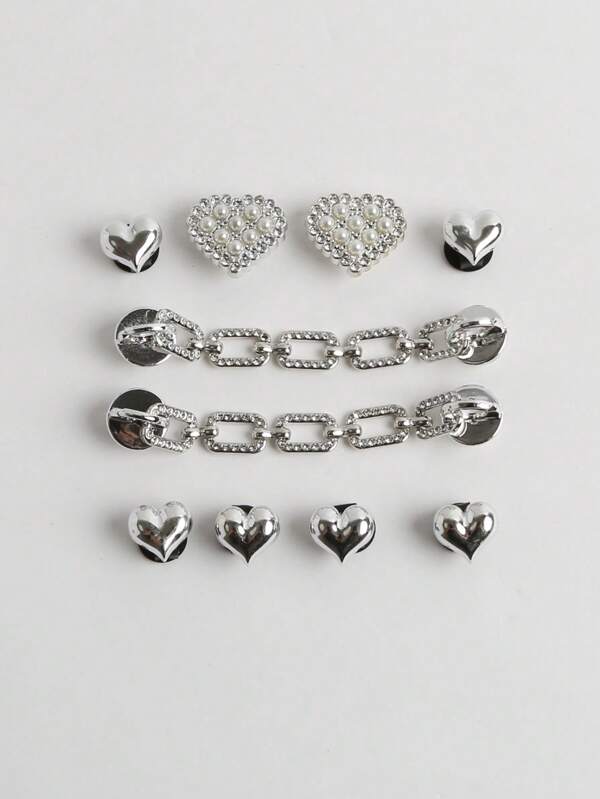 10pcs Silver-color Faux Pearl & Rhinestone Heart Shaped Shoe Charms, White Rhinestone Shoe Chain, Modern Daily Commuting Design, Detachable Diy Shoe Accessories, Fit For Men & Women Wooden Clogs, Sports & Fashion Casual Style Clothing Matching, Shoes Ornament Small Item