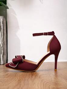 9cm Heel Height Elegant Women's Pointed Toe High Heels With Rhinestone Bow Buckle, Comfortable And Sexy, Suitable For Wedding And Formal Occasions, Spring/Autumn,Burgundy Heels - Burgundy - View 7