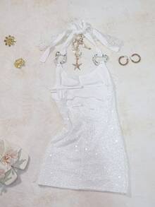 亮片提花针织抹胸紧身连衣裙，女士性感V领短款紧身连衣裙，适合派对之夜，女士吊带款式，适合音乐节、婚礼季、度假、返校季 #音乐节穿搭 #派对穿搭 #波西米亚度假 #伊比沙岛风情 白色 - 白色 - 查看 10