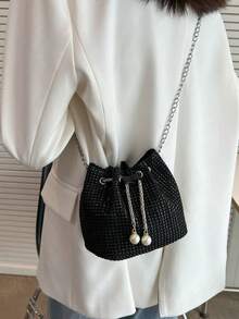 1 件时尚纯色链条带迷你水桶斜挎包，银色水钻优雅宴会风格闪亮珍珠金属链轻质抽绳水桶斜挎包，适合女性晚会、日常场合、夜总会、购物、化妆品收纳、时尚单品 - 黑色 - 查看 6