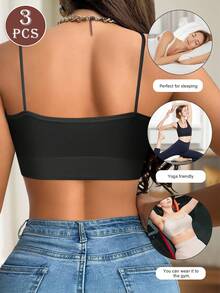 MIOTAN 3 件套女士无钢圈文胸，可拆卸胸垫，日常文胸，条纹设计 - 黑色 - 查看 2