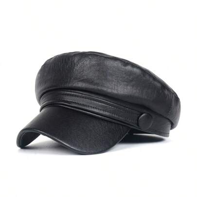 1pc Women's Stylish Simple Black British Style Retro Beret Cap, Vintage PU Leather Octagonal Cap