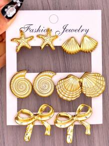 2pcs-10pcs/Set Seashell, Starfish, Bowknot Stud Earrings Set, Summer Ocean Style Earrings, Suitable As Gifts For Family And Friends, Beach Vacation, Holiday Blessings, Women's Daily Accessories