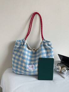 新款优雅刺绣花环蝴蝶结字母大容量托特包，女士时尚百搭单肩手提包，适合夏季户外旅行沙滩，格纹休闲单肩托特包，旅行包 - 淺藍色 - 查看 4