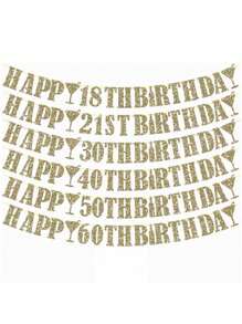 1pc 18/21/30/40/50/60 Rose Gold/Gold/Black/Champagne Gold Glitter Happy Birthday Pull Flag, Anniversary Party Streamer, Rose Gold Champagne Bottle Party Decor