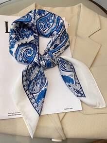 1PC 时尚印花方形围巾女士缎面头巾头带女士度假防晒披肩女头带 - 青色腰果2 - 查看 7