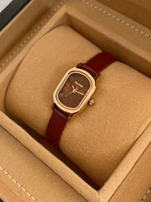 POMAR 1 Pc Women's Rose Gold Stainless Steel Case Quartz Watch, Wine Red Leather Strap, 30 Meter Waterproof, Elegant, Suitable For Daily Life, Work, Parties, Birthdays - An Excellent Gift Choice For Women