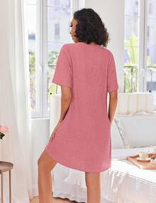 Women Zipper Robes Knit Short Bathrobe Lightweight House Coat With Pockets Soft Nightgown S-XXL - 珊瑚 - 查看 4