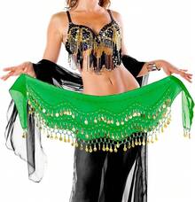 Chiffon Belly Dance Hip Scarf With 128 Coins For Yoga Class - 綠色 - 查看 4