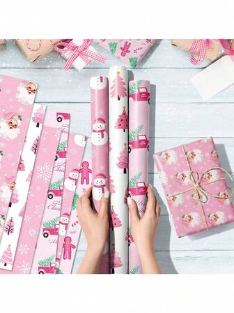 Pink Christmas Wrapping Paper With Snowman Cartoon Pattern Printing, Suitable For Creating A Warm And Cute Holiday Atmosphere. High-Quality Paper That Is Difficult To Tear, Vibrant Colors, Suitable For Children's Christmas Parties, Holiday Gift Boxes, Gift Wrapping, Stacking Gifts Under The Christmas Tree, Family Gatherings DIY Decorations, And Parent-Child Handicraft Activities