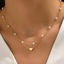 Conjunto de 2 peças minimalista com contas de coração, colar e pulseira de pérolas artificiais, conjunto de joias, presente para mulheres para encontros/férias