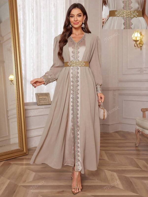 Women V-Neck Sleeveless Lace Elegant Slit Dress With Detachable Belt And Arab Style Outer Long Sleeve Two Pieces Set