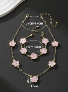 1 Set Elegant Fashionable Lucky Pink Clover Pendant Necklace & Bracelet Jewelry Set, Wedding Gift