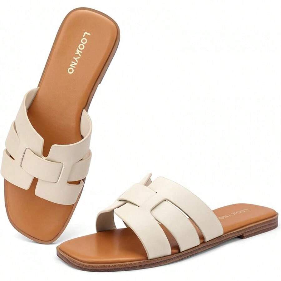 Dressy Summer Flat Sandals With Square Open Toe - Nude - View 1