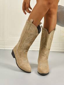 1 par de botas elegantes y de moda para mujer, botas occidentales bordadas de color caqui, botas occidentales bordadas de tacón alto, botas vaqueras bordadas con estilo, botas planas de media pantorrilla con slip-on para otoño/invierno, fiesta - Caqui - Ver 4