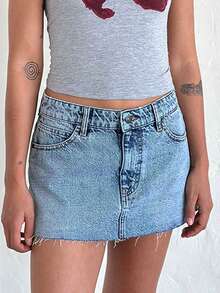 Women's SummerDenim Mini Skirts Low Waist Raw Hem Casual Fashion Jean Skirts Streetwear - 藍色 - 查看 4