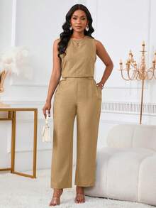 2pcs/Set Women's Fashionable Casual Elegant Sleeveless Top And Detailed Pockets & Button Long Pants - Dark Khaki - View 8