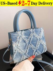 Denim Blue Fashion Fringe Mini Square Bag With Adjustable Shoulder Strap, Women Casual Solid Color Handbag Bag, Stylish Aesthetic Shoulder Crossbody, Cute Simple School Crossbody, Shoulder Crossbody Bag, Tote Messenger, Women Vintage Jeans Purse - 彩色 - 查看 1